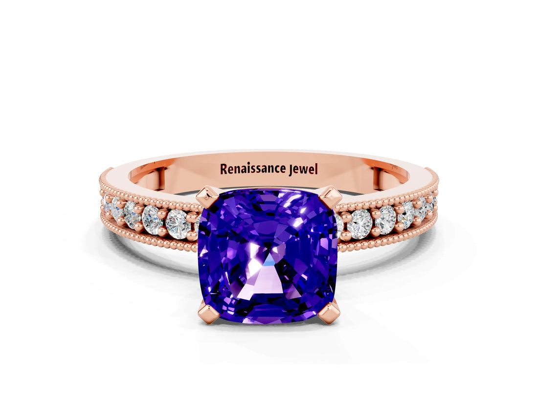 Rose gold Cushion Cut Tanzanite Milgrain Pavé Engagement Ring with Four-Prong Setting_12