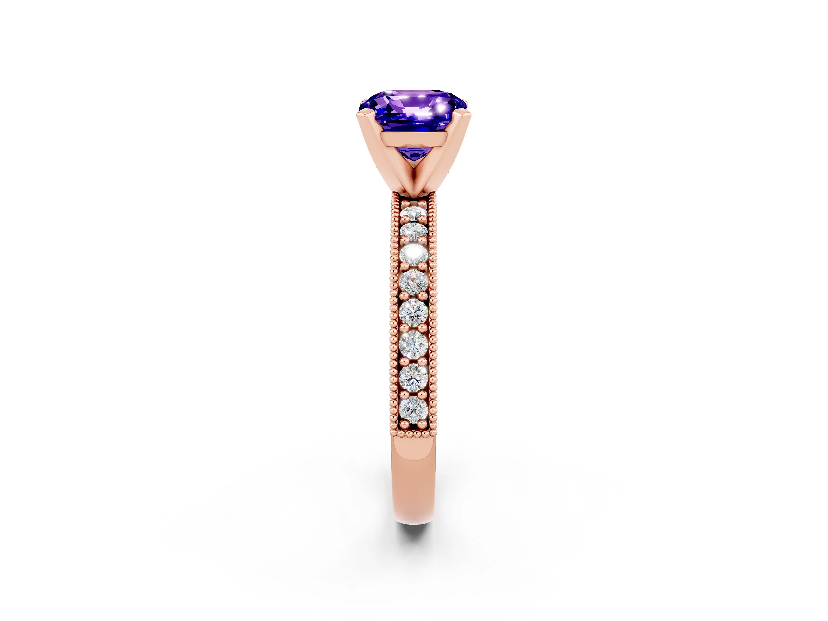 Rose gold Cushion Cut Tanzanite Milgrain Pavé Engagement Ring with Four-Prong Setting_14