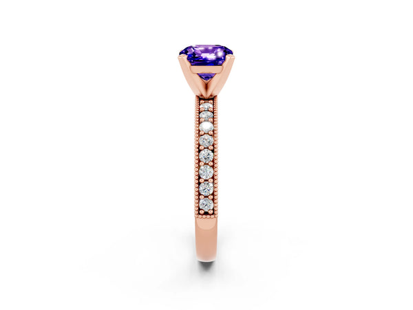 Rose gold Cushion Cut Tanzanite Milgrain Pavé Engagement Ring with Four-Prong Setting
