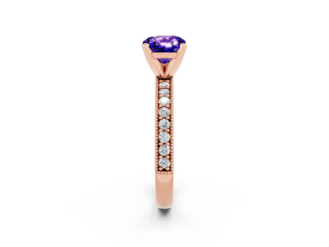 Rose gold Cushion Cut Tanzanite Milgrain Pavé Engagement Ring with Four-Prong Setting_14
