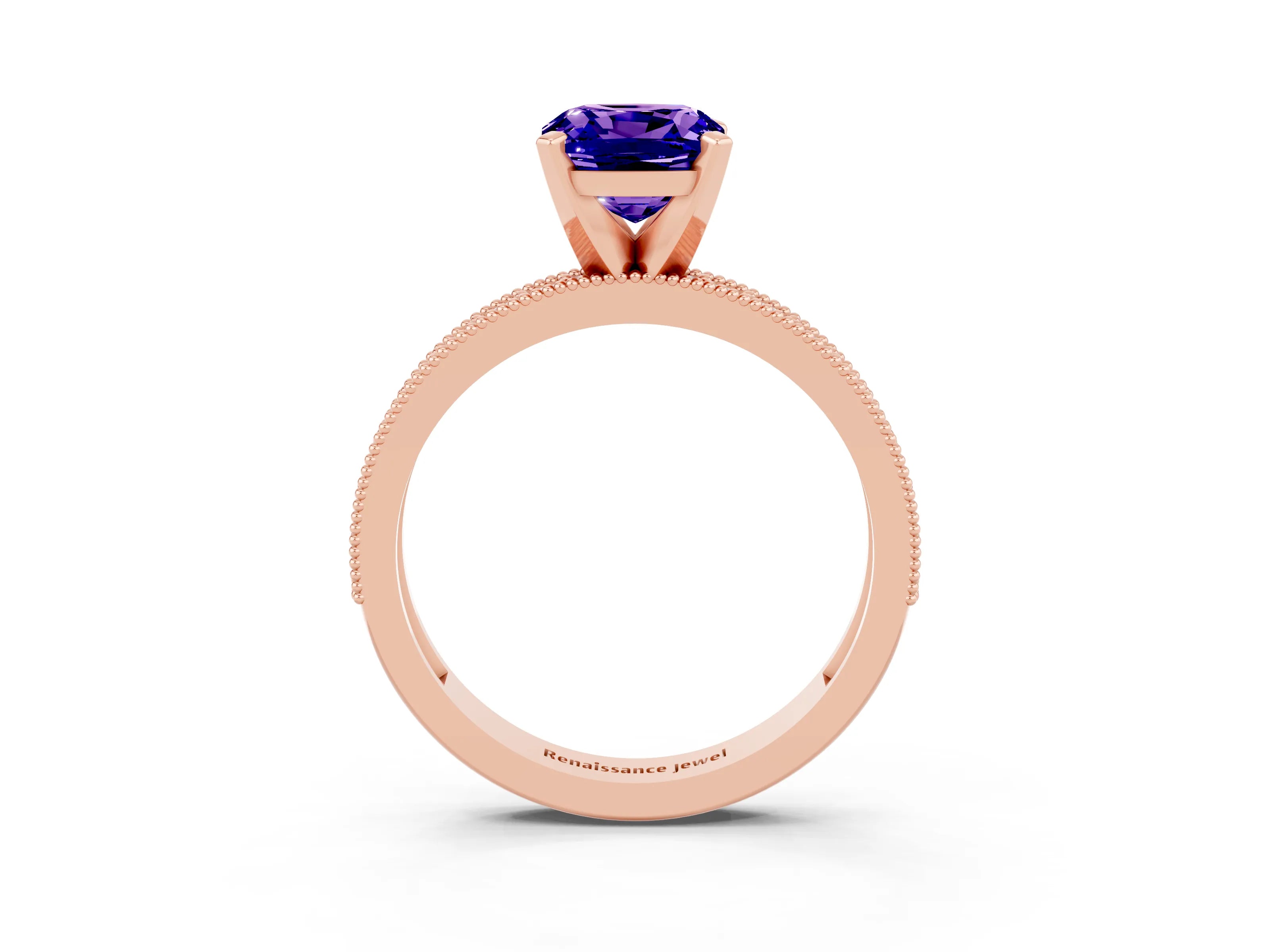 Rose gold Cushion Cut Tanzanite Milgrain Pavé Engagement Ring with Four-Prong Setting_15