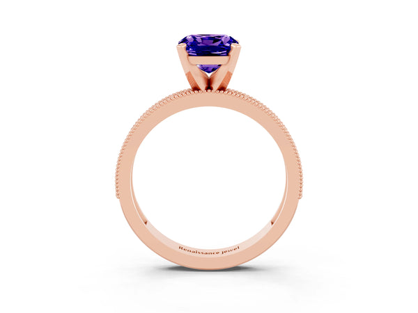 Rose gold Cushion Cut Tanzanite Milgrain Pavé Engagement Ring with Four-Prong Setting