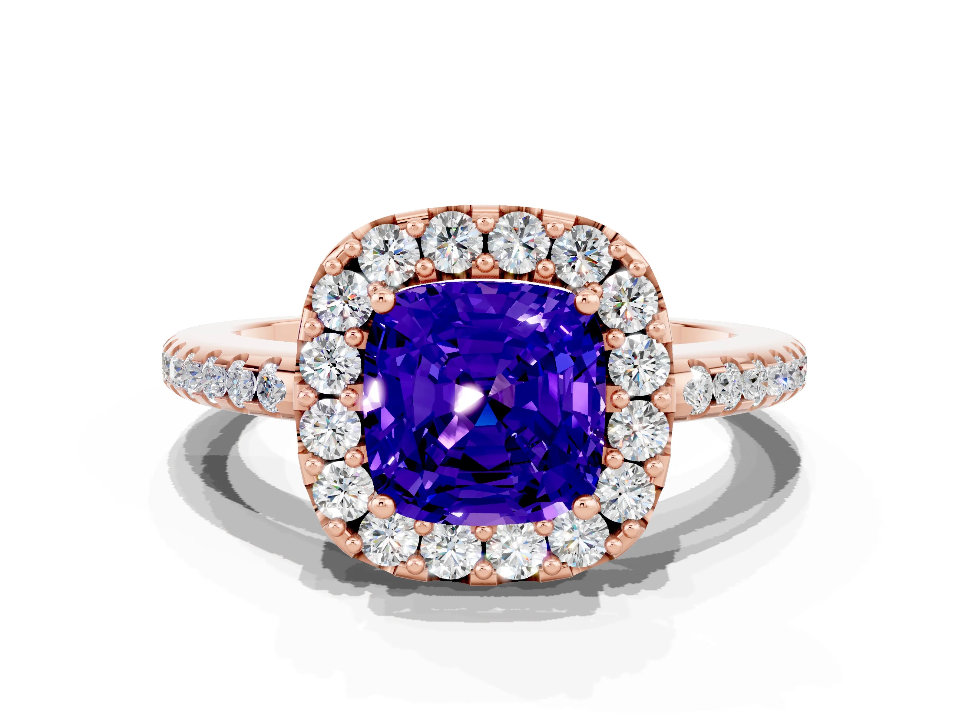 Rose gold Cushion Cut Tanzanite Pavé Halo Ring with Four-Prong Setting_12