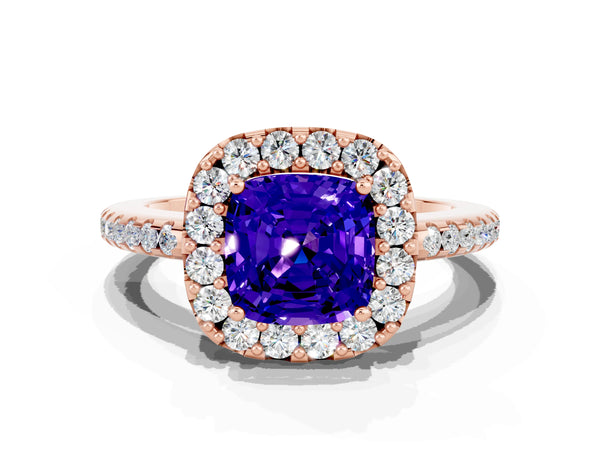 Rose gold Cushion Cut Tanzanite Pavé Halo Ring with Four-Prong Setting