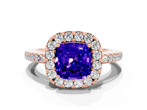 Rose gold Cushion Cut Tanzanite Pavé Halo Ring with Four-Prong Setting_12