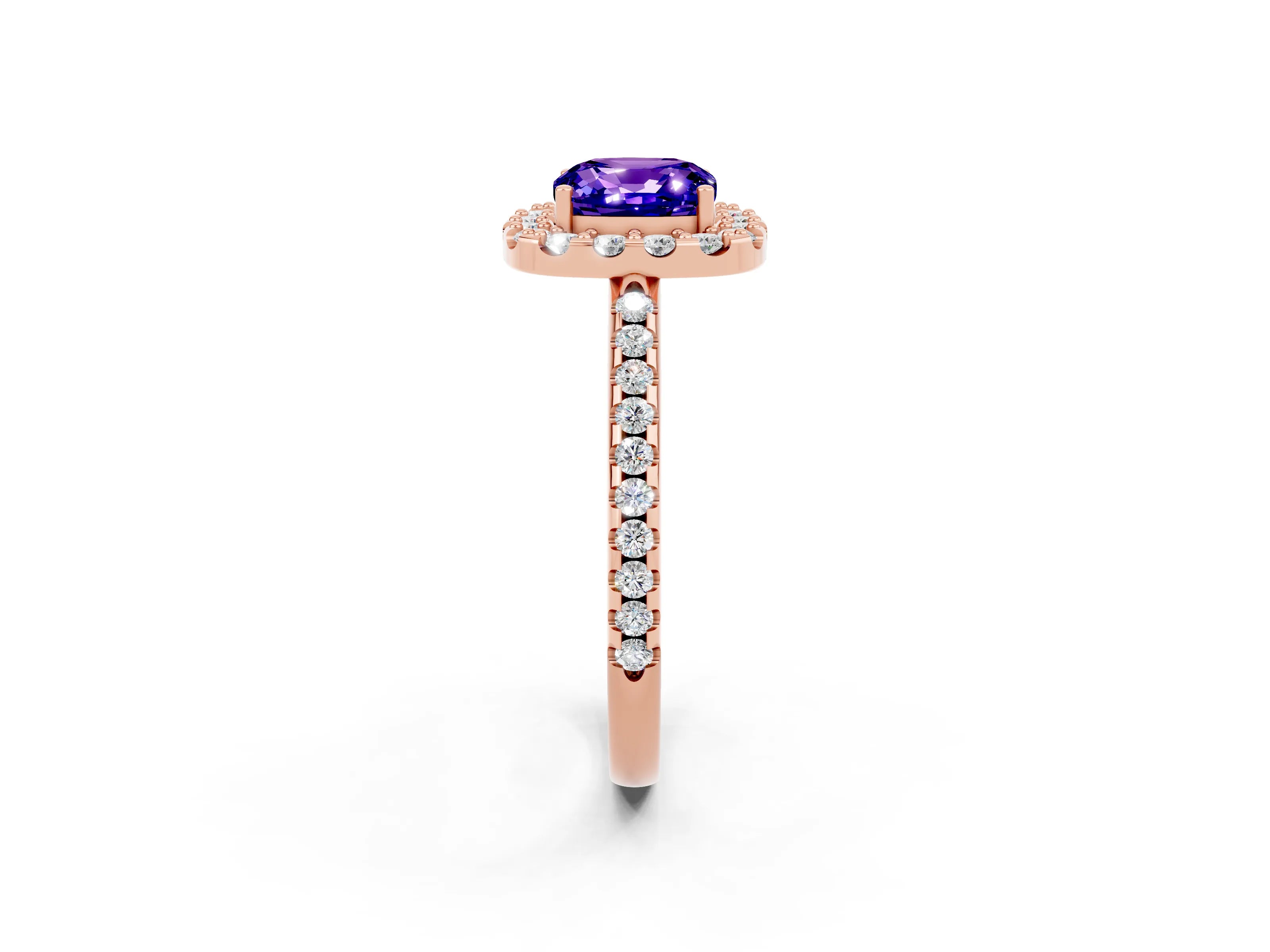 Rose gold Cushion Cut Tanzanite Pavé Halo Ring with Four-Prong Setting_14