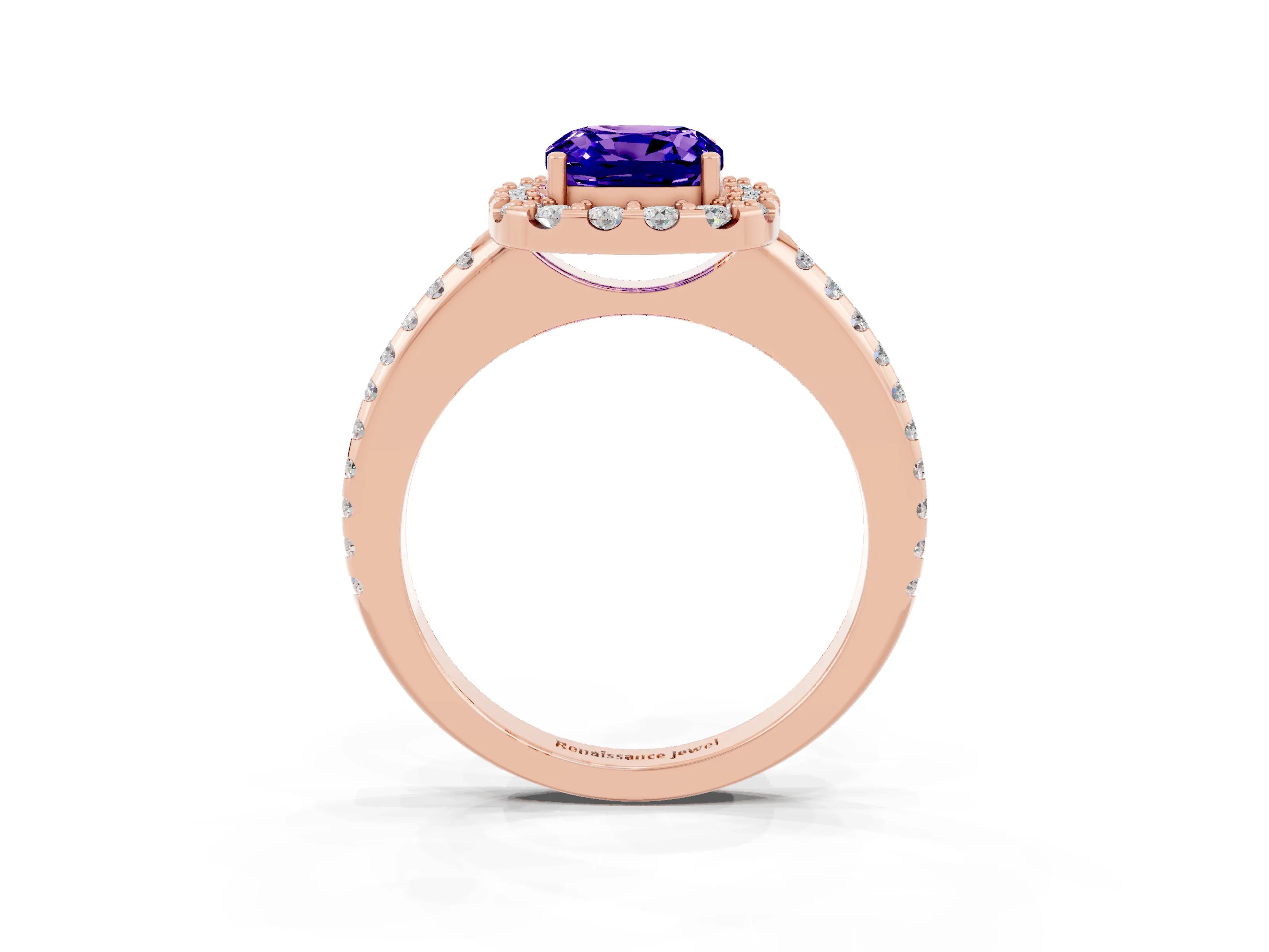 Rose gold Cushion Cut Tanzanite Pavé Halo Ring with Four-Prong Setting_15