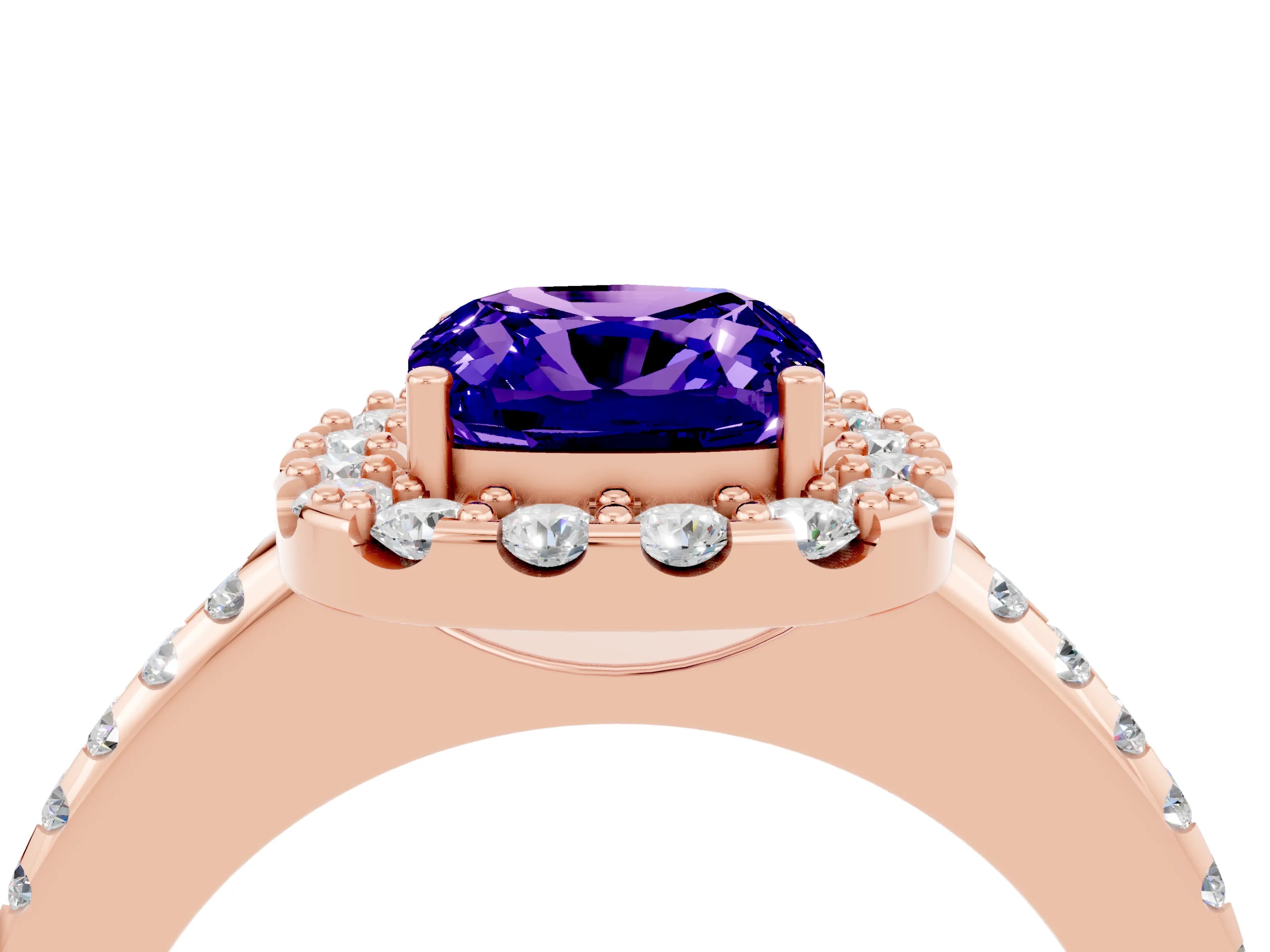 Rose gold Cushion Cut Tanzanite Pavé Halo Ring with Four-Prong Setting_16