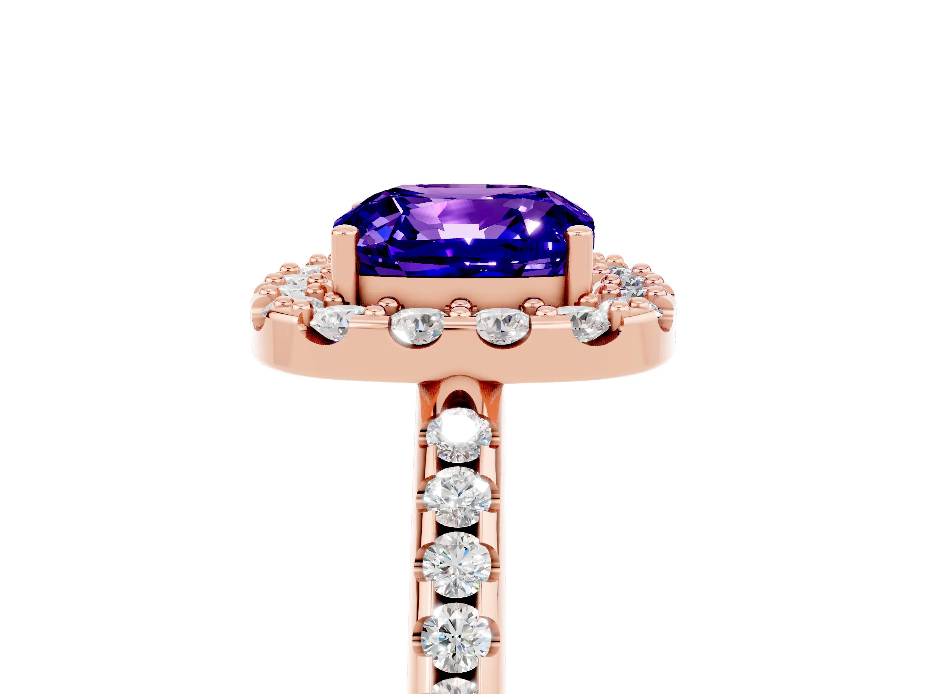 Rose gold Cushion Cut Tanzanite Pavé Halo Ring with Four-Prong Setting_17