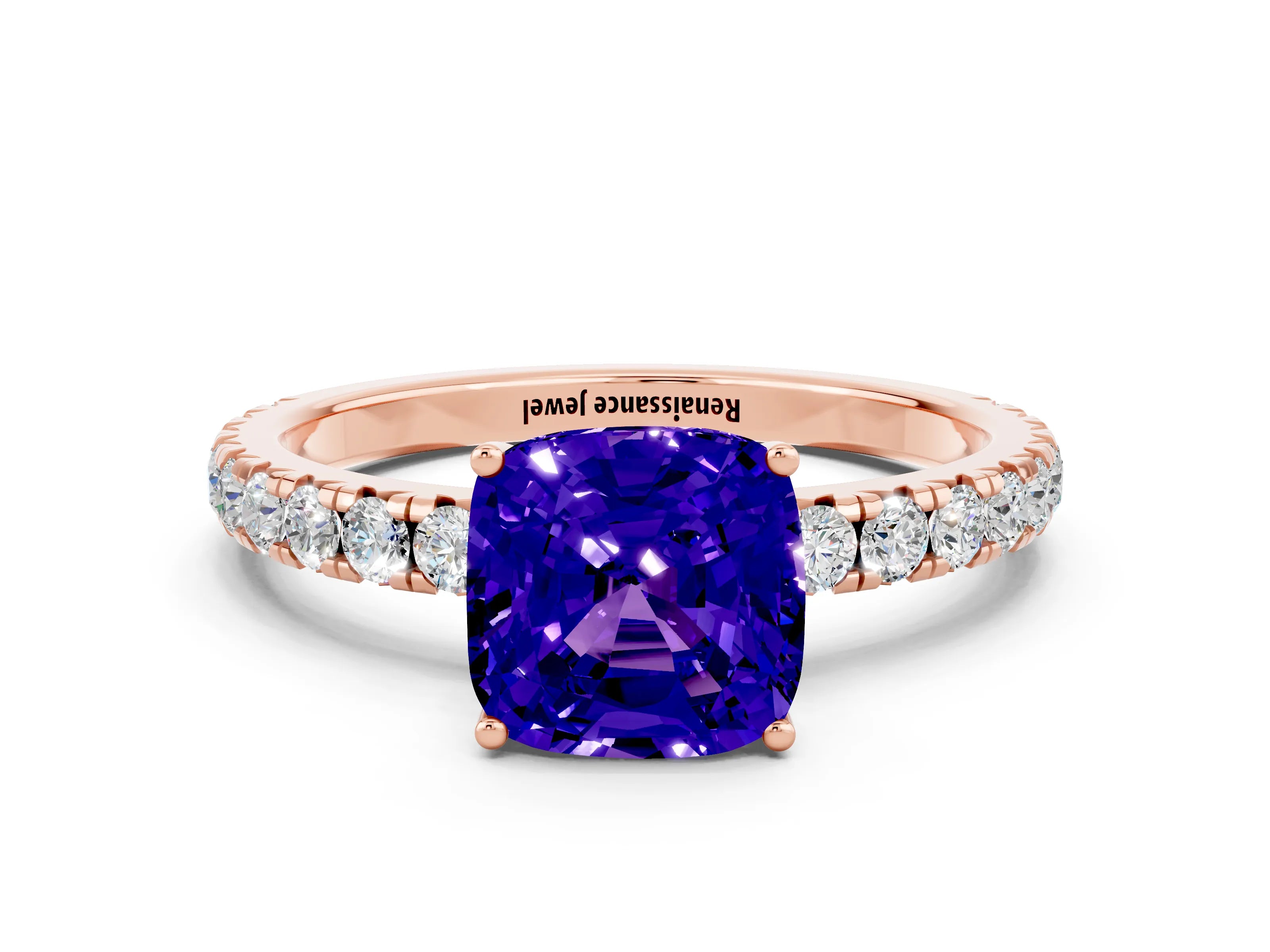 Rose gold Cushion Cut Tanzanite Pavé Solitaire Engagement Ring with Four-Prong Setting_12