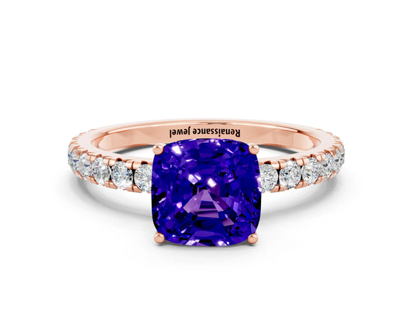 Rose gold Cushion Cut Tanzanite Pavé Solitaire Engagement Ring with Four-Prong Setting