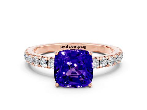 Rose gold Cushion Cut Tanzanite Pavé Solitaire Engagement Ring with Four-Prong Setting_12