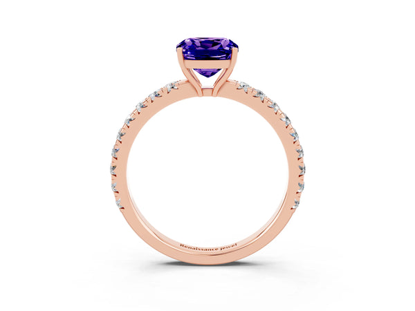 Rose gold Cushion Cut Tanzanite Pavé Solitaire Engagement Ring with Four-Prong Setting