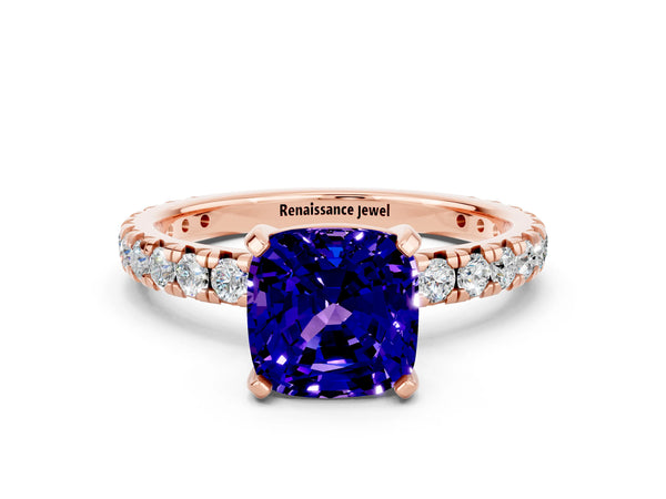 Rose gold Cushion Cut Tanzanite Pavé Solitaire Ring with Round Band and Prong Setting