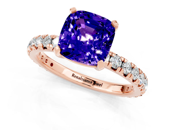 Rose gold Cushion Cut Tanzanite Pavé Solitaire Ring with Round Band and Prong Setting