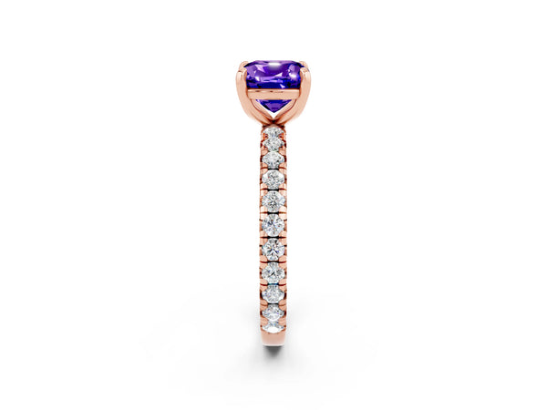 Rose gold Cushion Cut Tanzanite Pavé Solitaire Ring with Round Band and Prong Setting