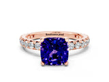 Rose gold Cushion Cut Tanzanite Pavé Solitaire Ring with Round Band and Prong Setting_24