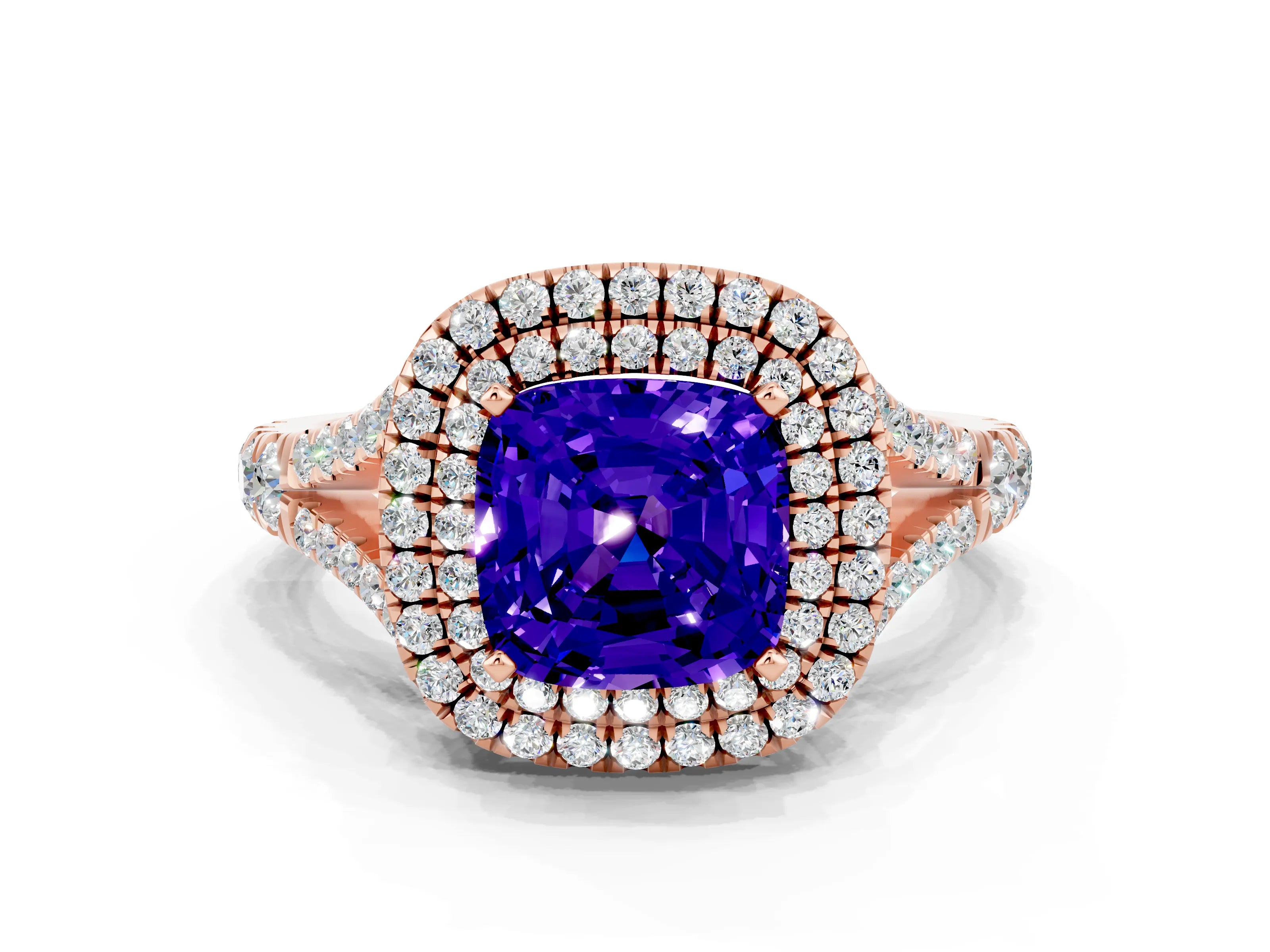 Rose gold Cushion Cut Tanzanite Pavé Split Shank Double Halo Engagement Ring