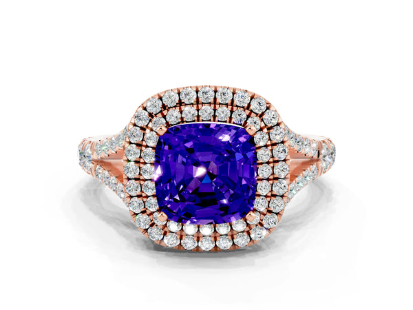 Rose gold Cushion Cut Tanzanite Pavé Split Shank Double Halo Engagement Ring