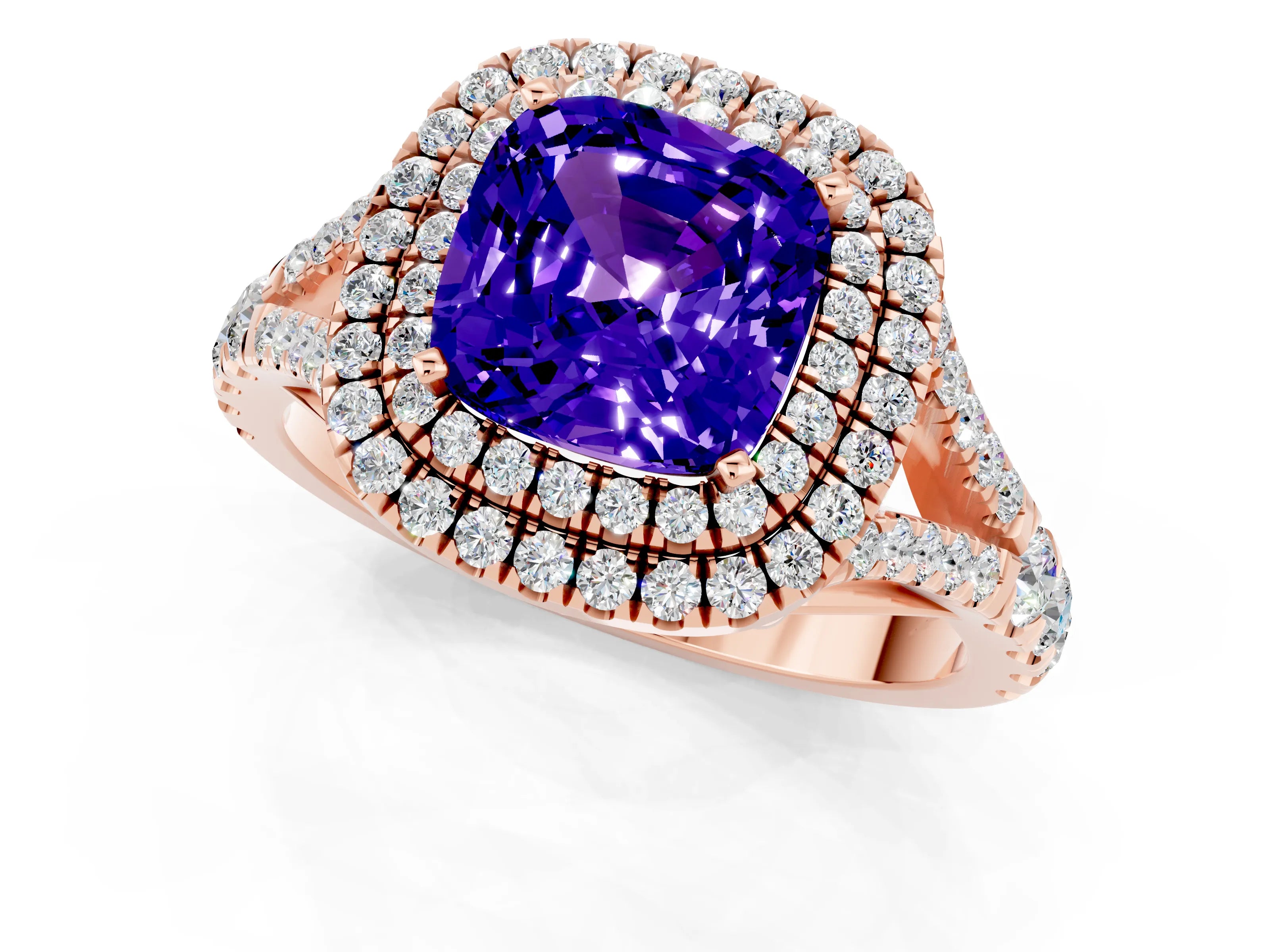 Rose gold Cushion Cut Tanzanite Pavé Split Shank Double Halo Engagement Ring_1