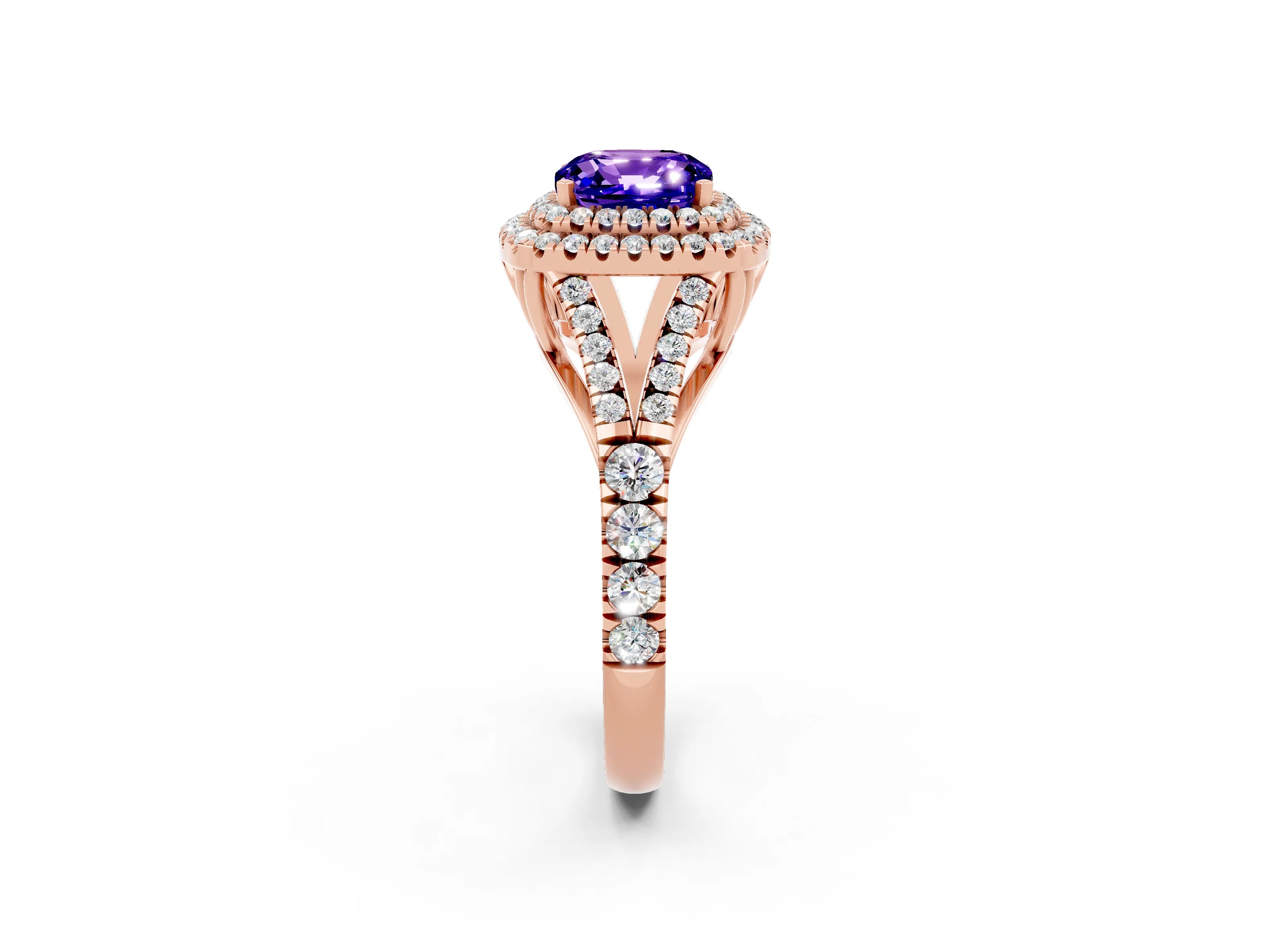 Rose gold Cushion Cut Tanzanite Pavé Split Shank Double Halo Engagement Ring_2