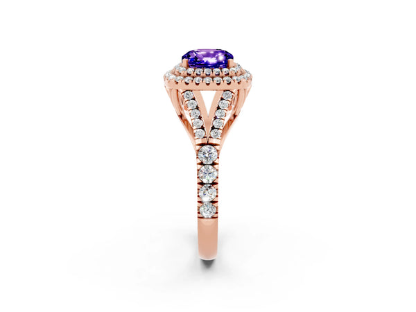 Rose gold Cushion Cut Tanzanite Pavé Split Shank Double Halo Engagement Ring