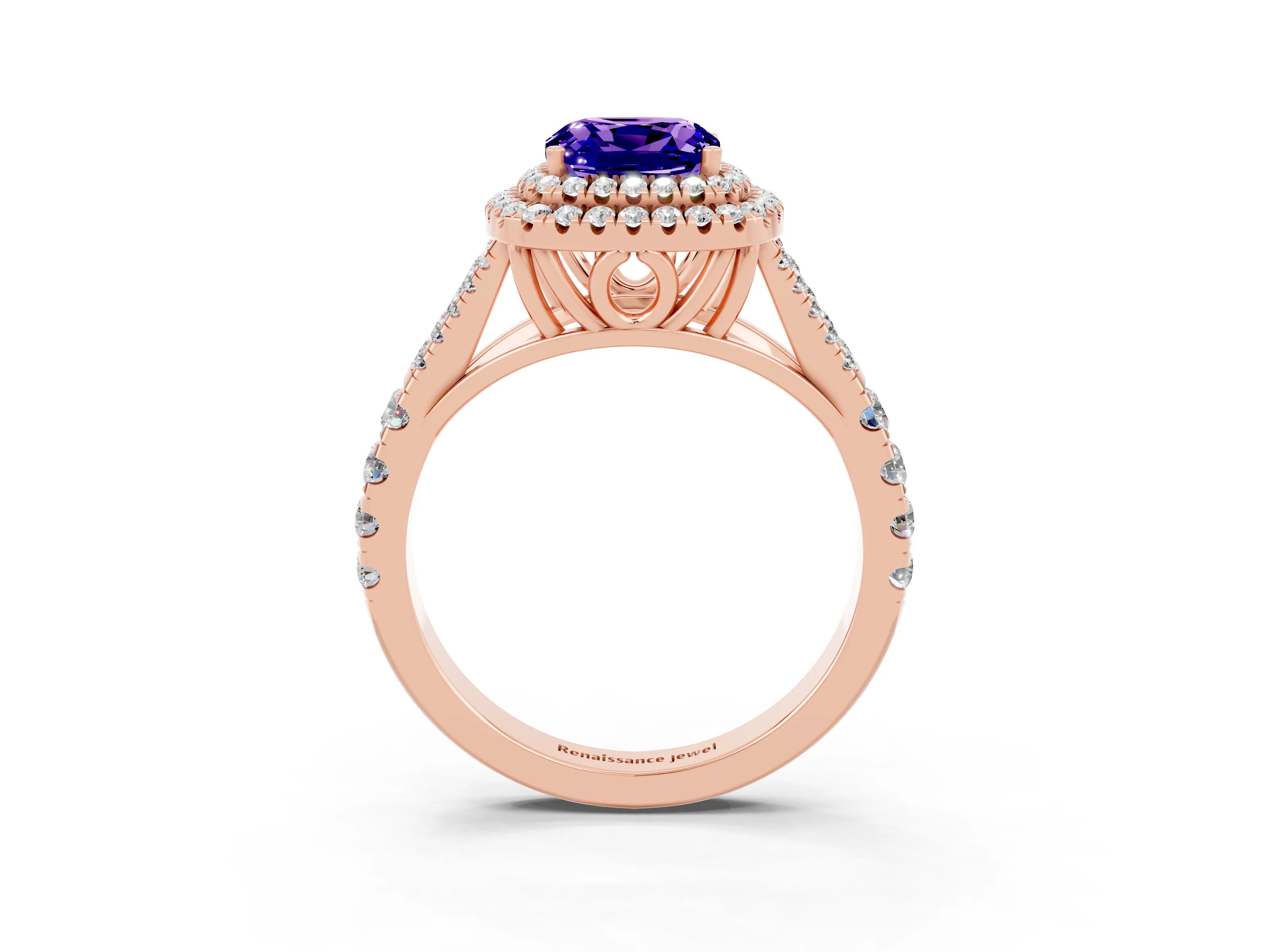 Rose gold Cushion Cut Tanzanite Pavé Split Shank Double Halo Engagement Ring_3