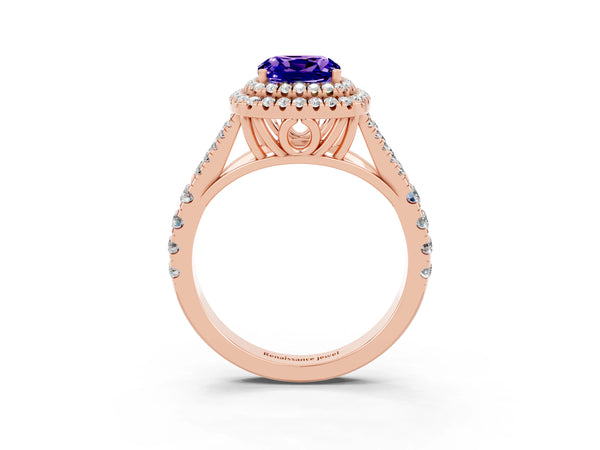 Rose gold Cushion Cut Tanzanite Pavé Split Shank Double Halo Engagement Ring