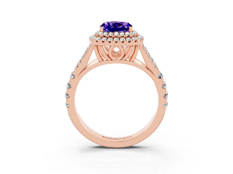 Rose gold Cushion Cut Tanzanite Pavé Split Shank Double Halo Engagement Ring_3