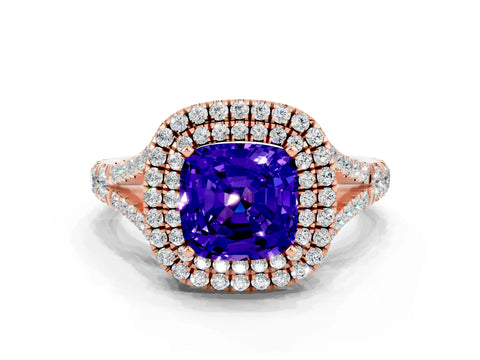 Rose gold Cushion Cut Tanzanite Pavé Split Shank Double Halo Engagement Ring