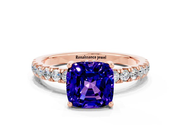 Rose gold Cushion Cut Tanzanite Pave Band Solitaire Ring with Round  and Prong Setting
