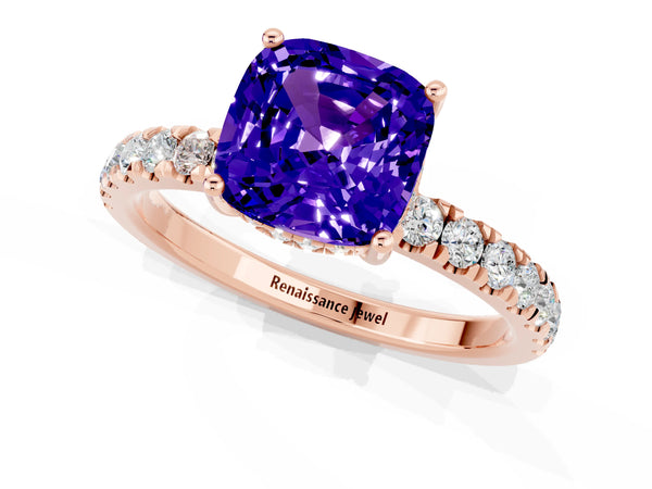 Rose gold Cushion Cut Tanzanite Pave Band Solitaire Ring with Round  and Prong Setting