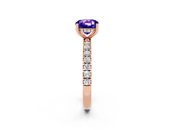 Rose gold Cushion Cut Tanzanite Pave Band Solitaire Ring with Round  and Prong Setting