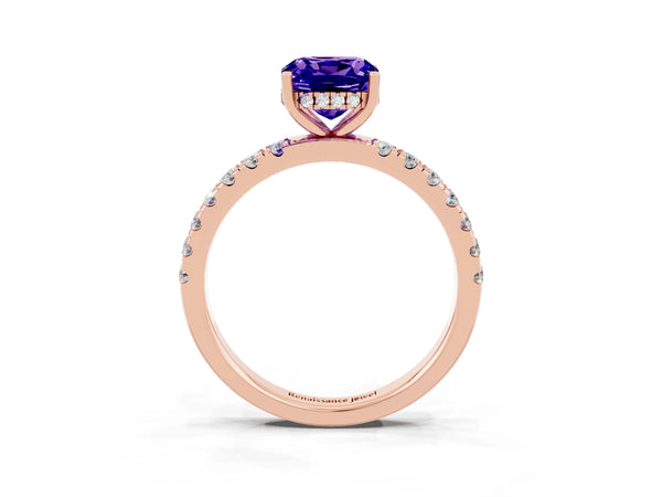Rose gold Cushion Cut Tanzanite Pave Band Solitaire Ring with Round  and Prong Setting