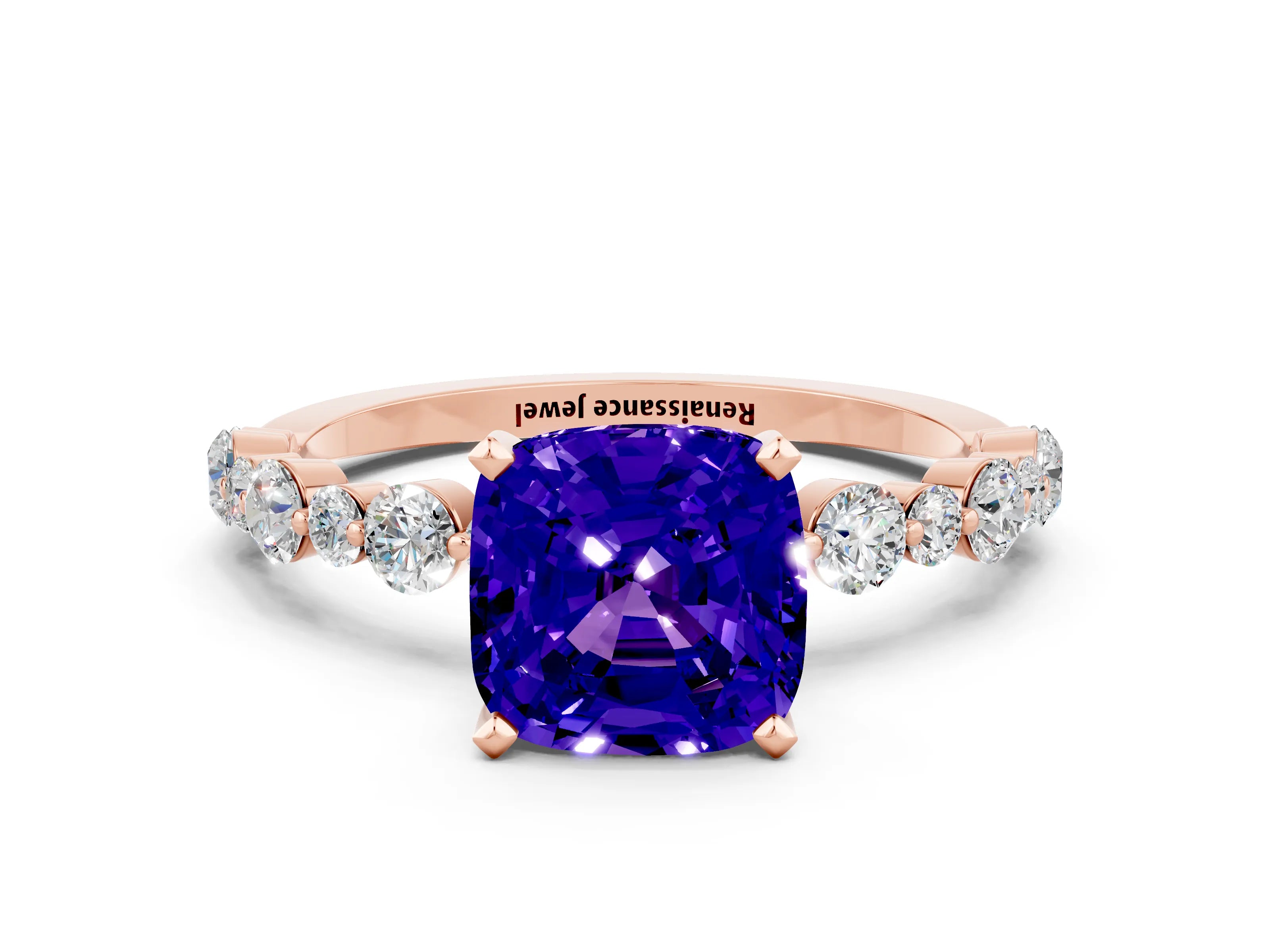 Rose gold Cushion Cut Tanzanite Prong Set Engagement Ring with Pavé Band