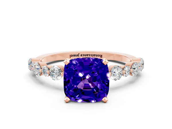 Rose gold Cushion Cut Tanzanite Prong Set Engagement Ring with Pavé Band