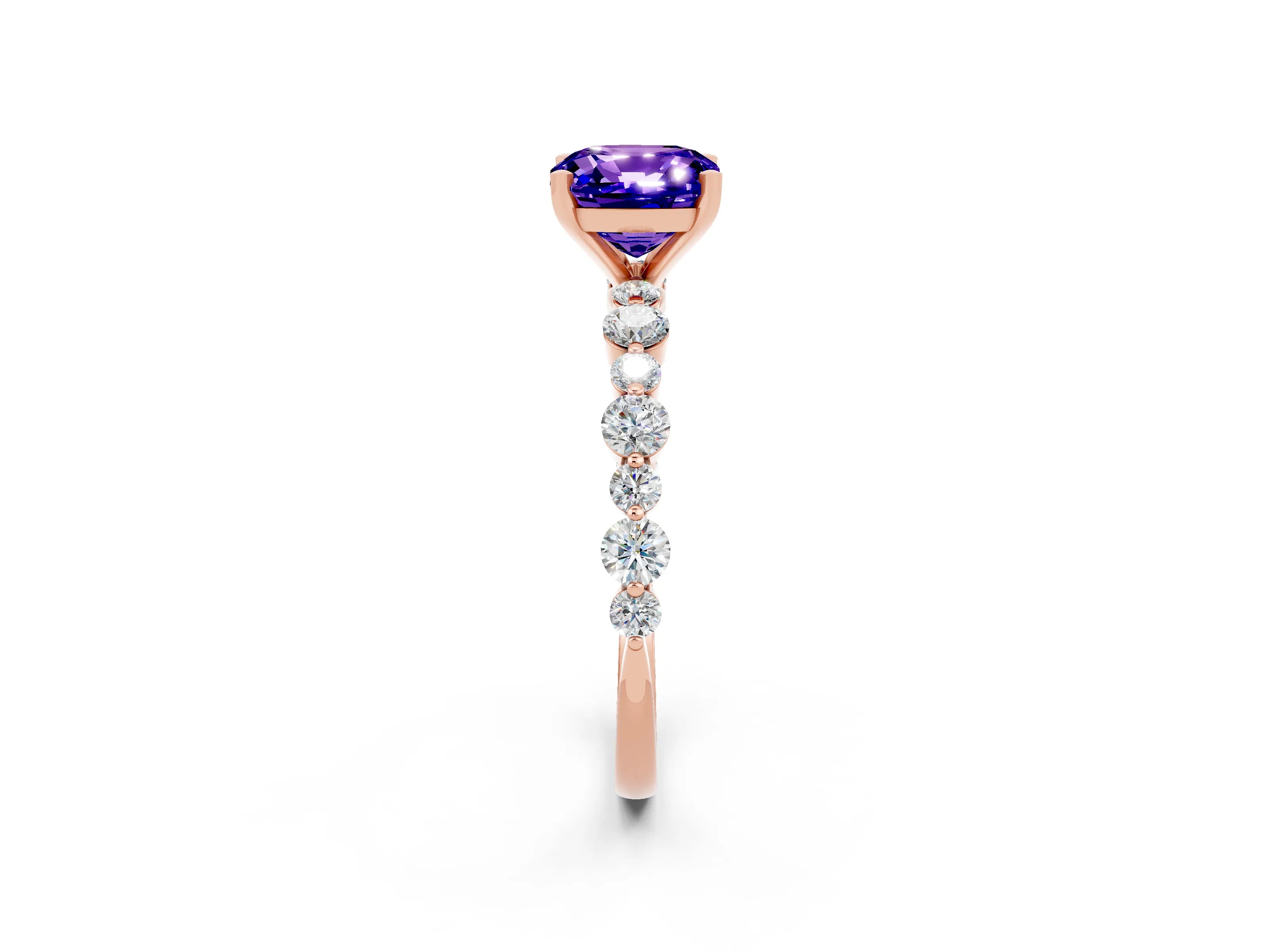 Rose gold Cushion Cut Tanzanite Prong Set Engagement Ring with Pavé Band_2
