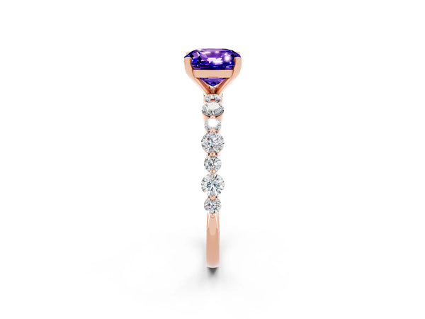 Rose gold Cushion Cut Tanzanite Prong Set Engagement Ring with Pavé Band