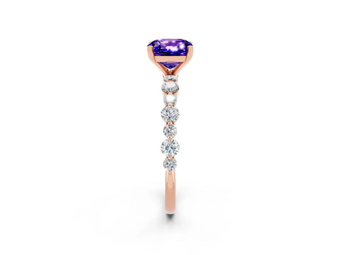Rose gold Cushion Cut Tanzanite Prong Set Engagement Ring with Pavé Band_2