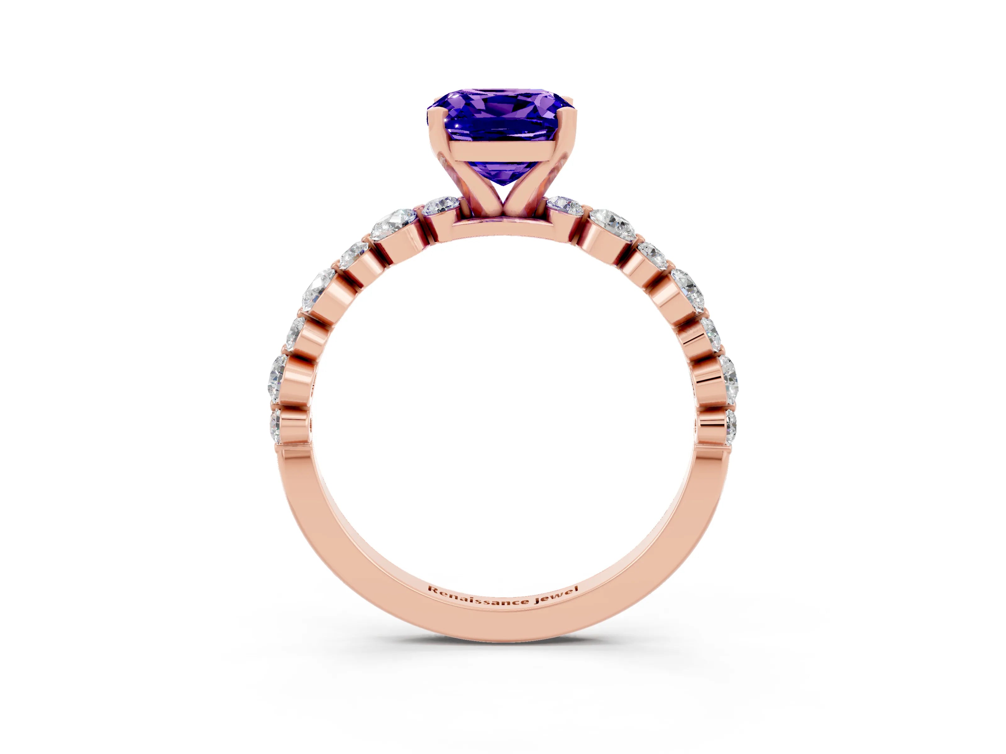 Rose gold Cushion Cut Tanzanite Prong Set Engagement Ring with Pavé Band_3