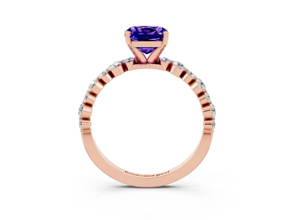 Rose gold Cushion Cut Tanzanite Prong Set Engagement Ring with Pavé Band