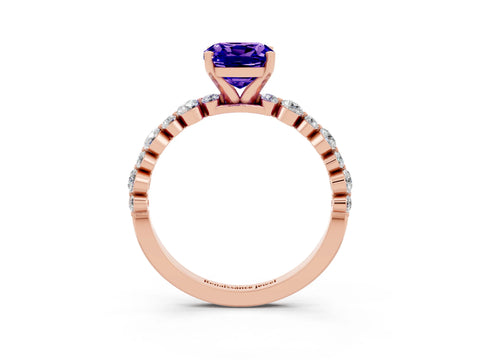 Rose gold Cushion Cut Tanzanite Prong Set Engagement Ring with Pavé Band_3
