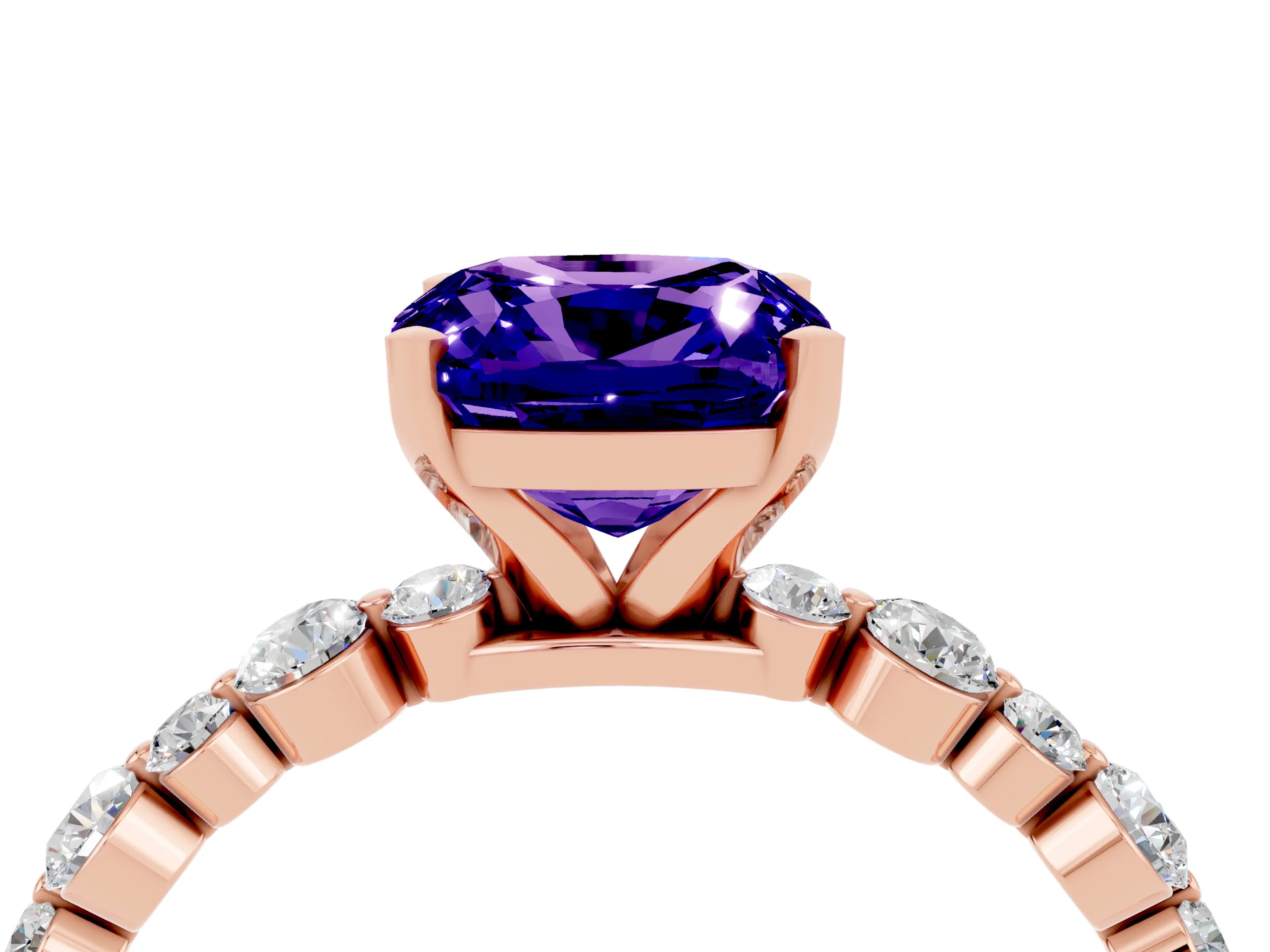 Rose gold Cushion Cut Tanzanite Prong Set Engagement Ring with Pavé Band_4
