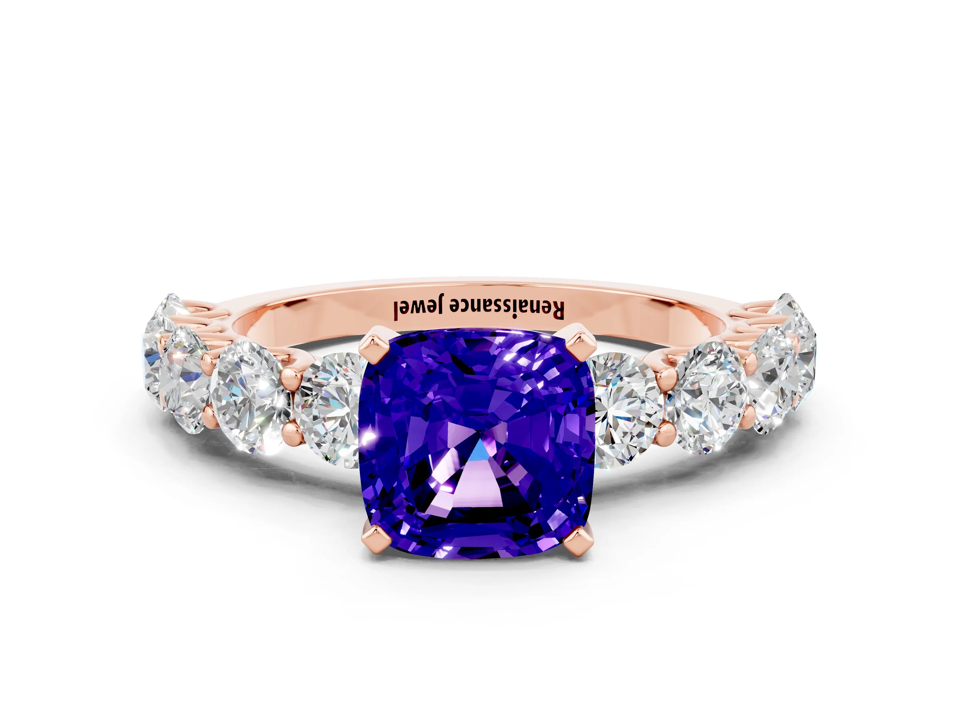 Rose gold Cushion Cut Tanzanite Prong Setting with Side Stones on a Pave Band