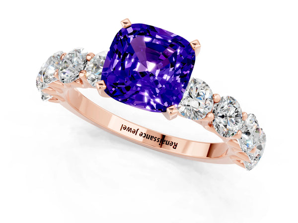 Rose gold Cushion Cut Tanzanite Prong Setting with Side Stones on a Pave Band