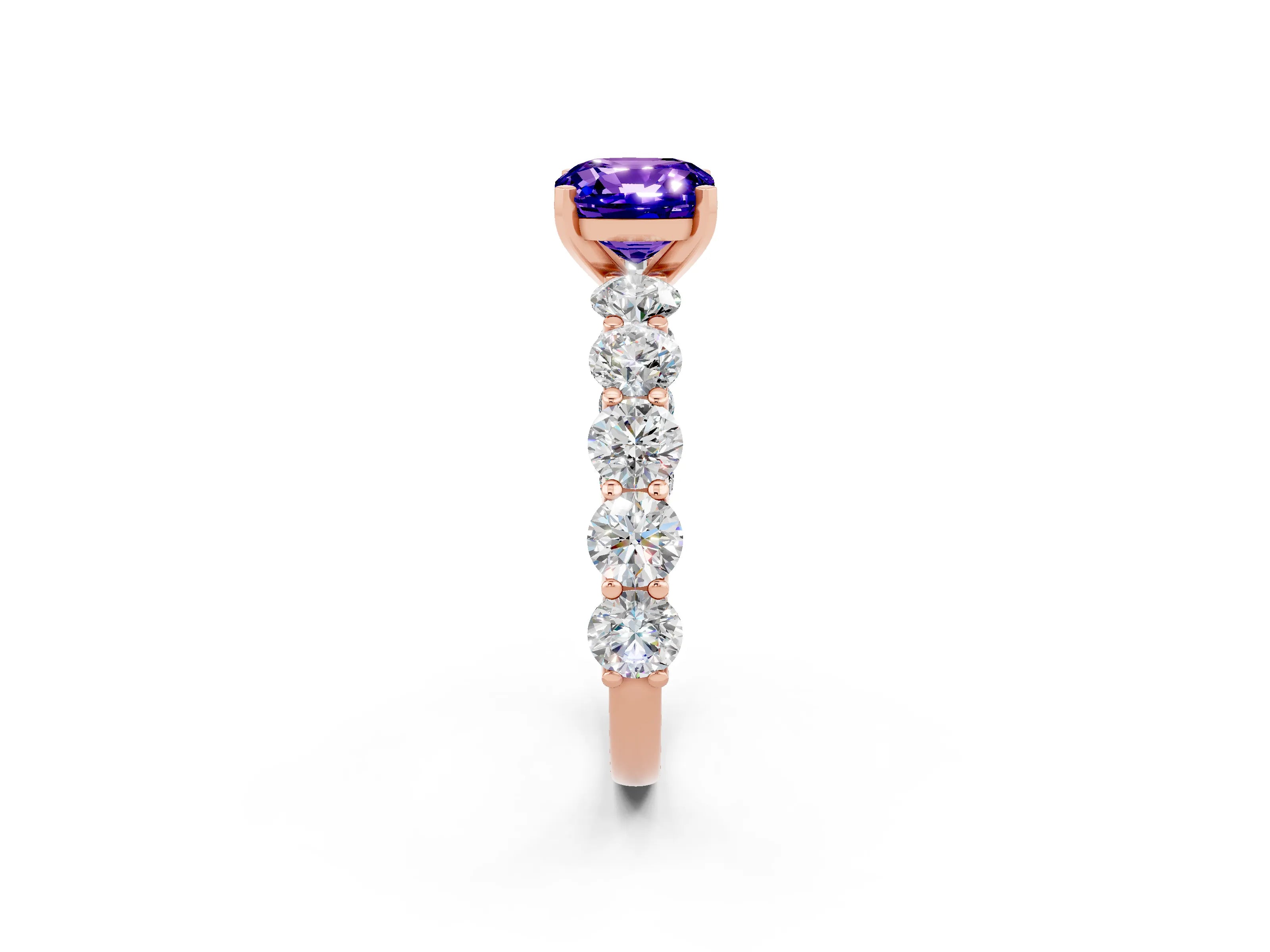 Rose gold Cushion Cut Tanzanite Prong Setting with Side Stones on a Pave Band_2