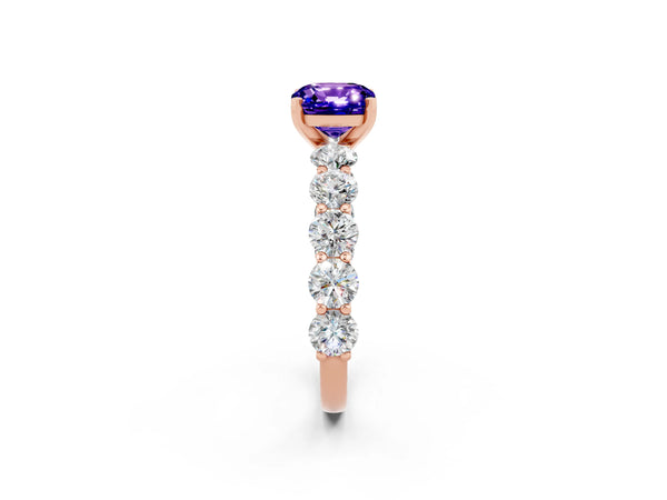 Rose gold Cushion Cut Tanzanite Prong Setting with Side Stones on a Pave Band