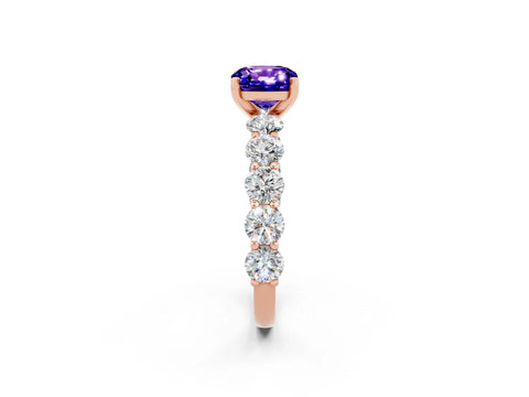 Rose gold Cushion Cut Tanzanite Prong Setting with Side Stones on a Pave Band_2