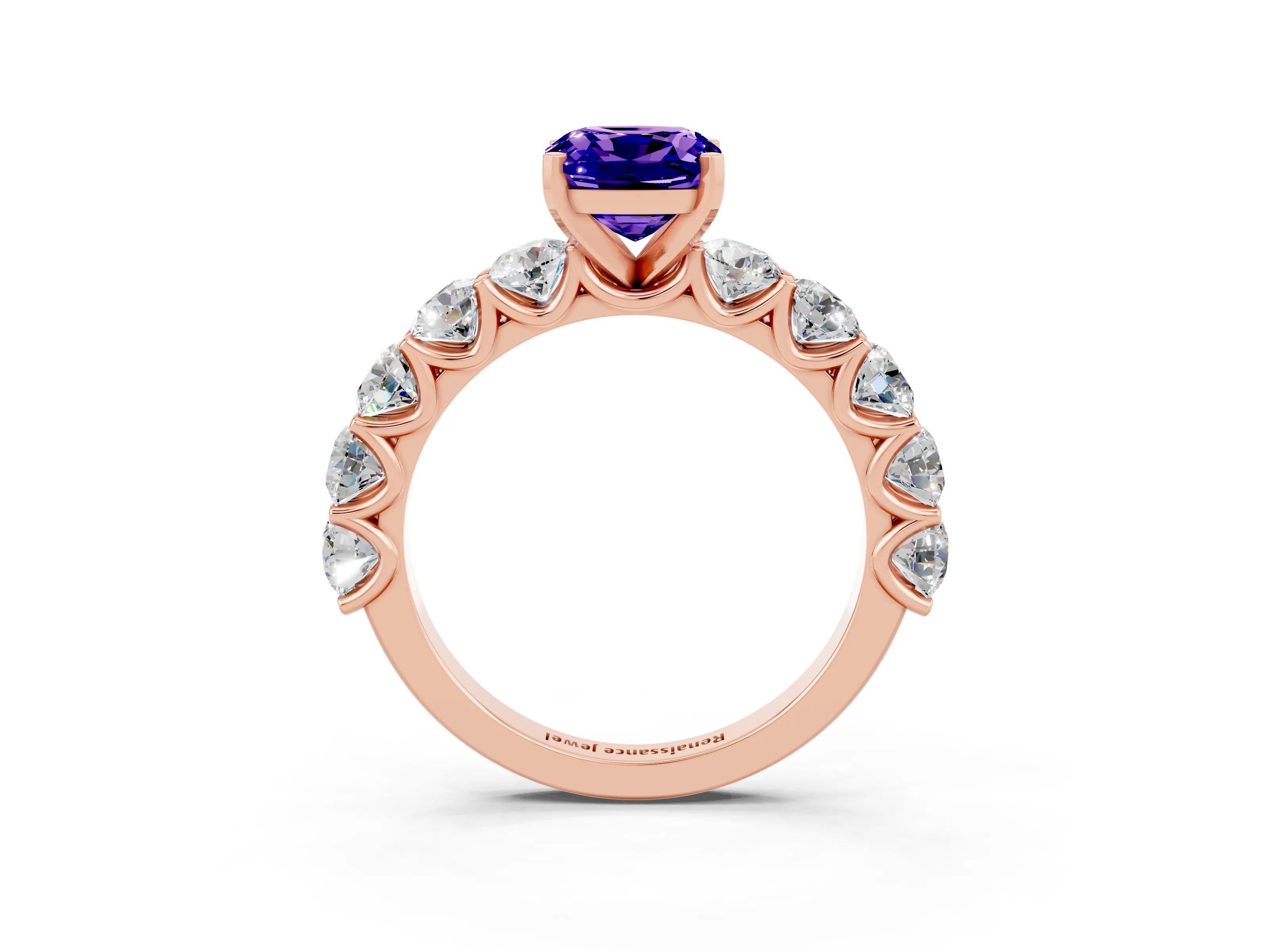 Rose gold Cushion Cut Tanzanite Prong Setting with Side Stones on a Pave Band_3