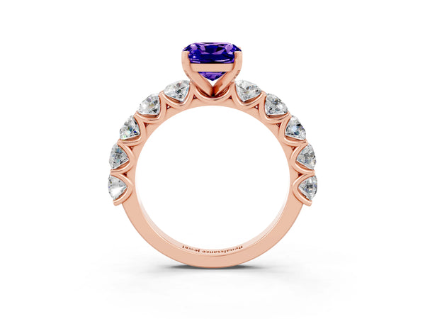 Rose gold Cushion Cut Tanzanite Prong Setting with Side Stones on a Pave Band